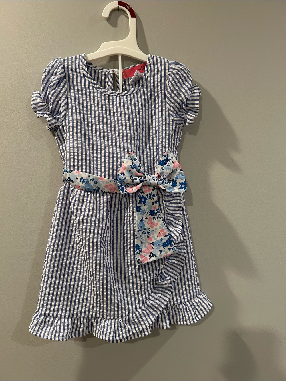 Girls' Blue & White Striped Dress with Floral Waist Bow 3T